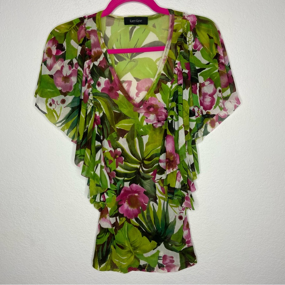 Karen Kane Green and Pink Floral Sheer Mesh Ruffle Sleeves Size XS